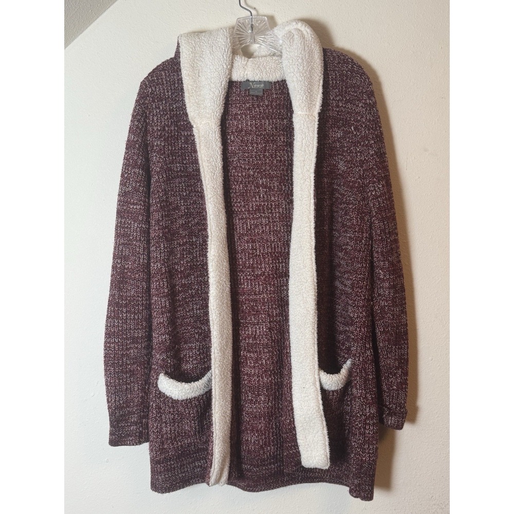 Natural Reflections Hooded Cardigan Sweater Womens XL Burgundy Sherpa Lined